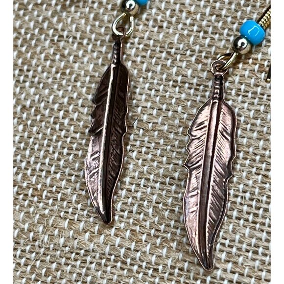 Copper Feather Dangle Earrings With Turquoise Bead Accent - Picture 6 of 7